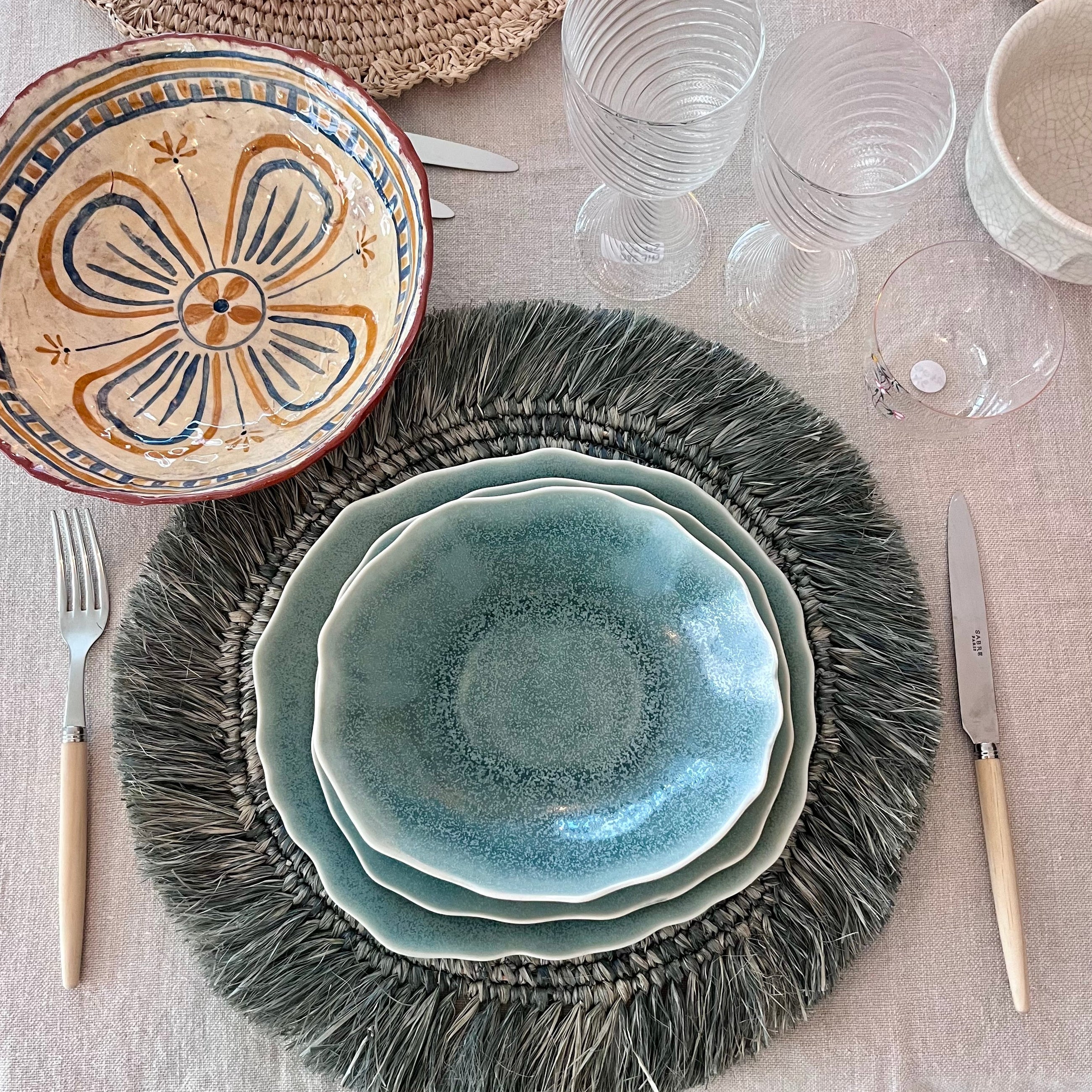 SET DE TABLE EN RAPHIA BLEU-GRIS - LOT DE 4