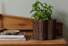 RATTAN AND SOLID BRASS VASE, TEAK