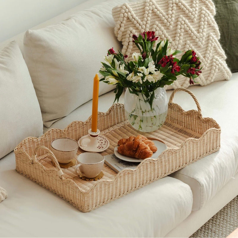LARGE RATTAN SCALLOPED TRAY, NATURAL