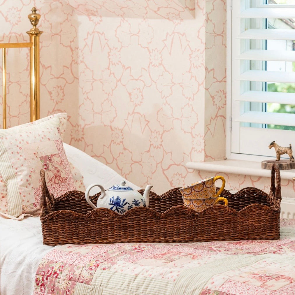 LARGE RATTAN SCALLOPED TRAY, TEAK