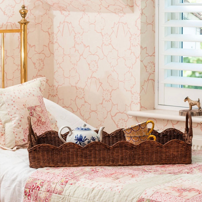 LARGE RATTAN SCALLOPED TRAY, TEAK