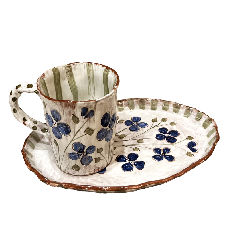 BLUE FLOWER TEA CUP AND OVAL PLATE