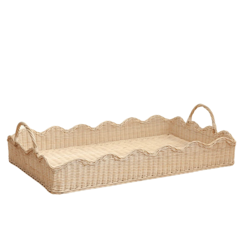LARGE RATTAN SCALLOPED TRAY, NATURAL