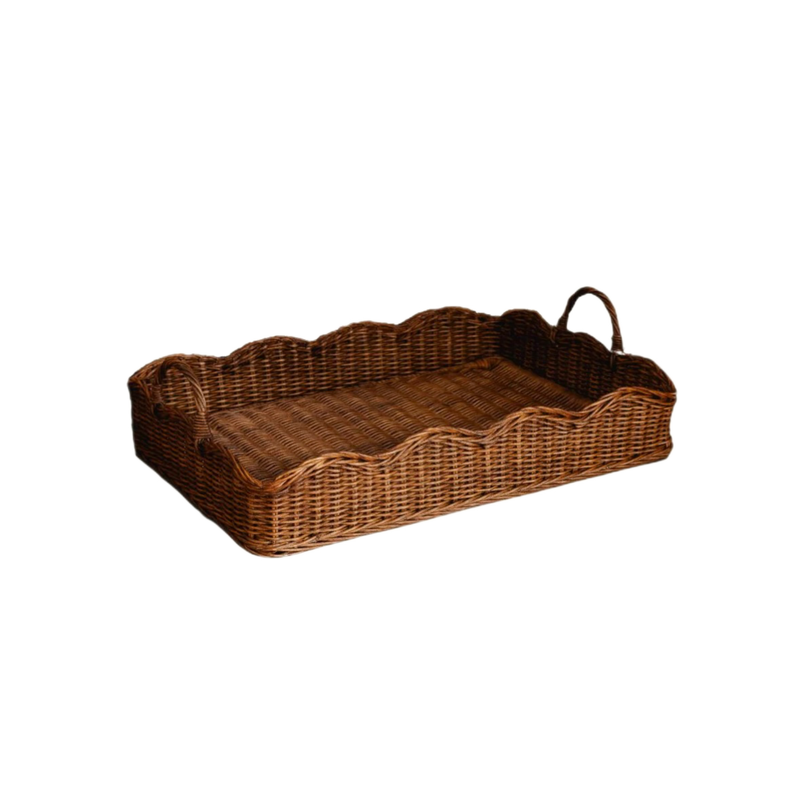 MEDIUM RATTAN SCALLOPED TRAY, TEAK