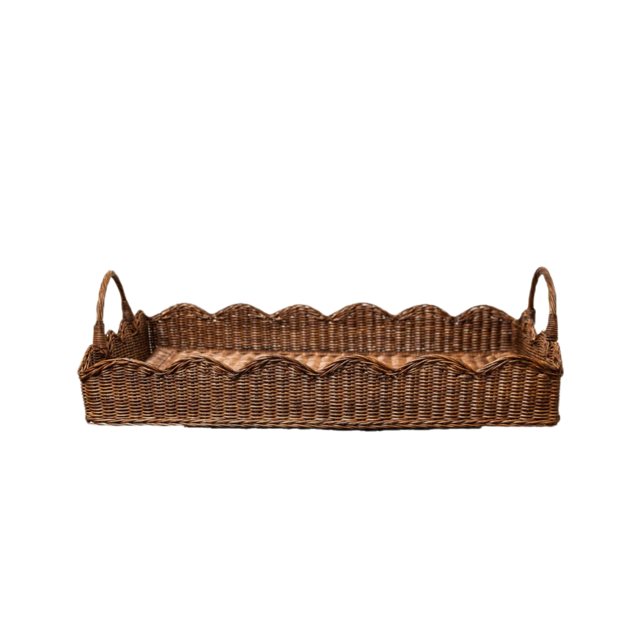 LARGE RATTAN SCALLOPED TRAY, TEAK