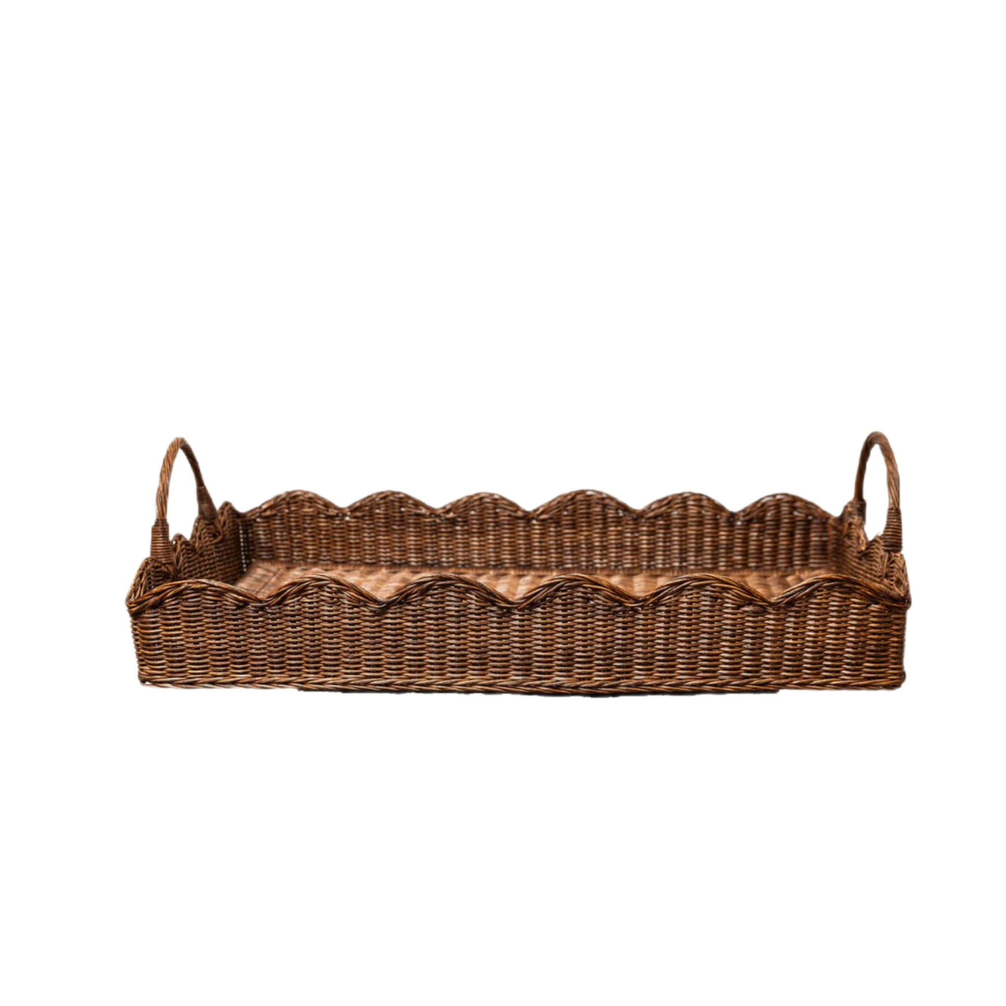 LARGE RATTAN SCALLOPED TRAY, TEAK