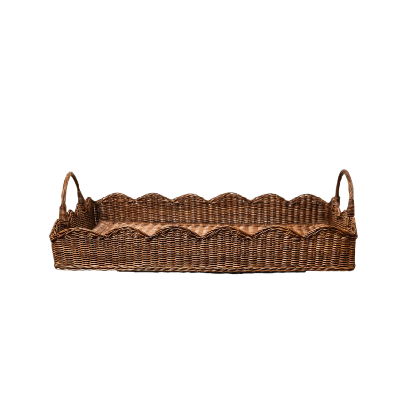 LARGE RATTAN SCALLOPED TRAY, TEAK
